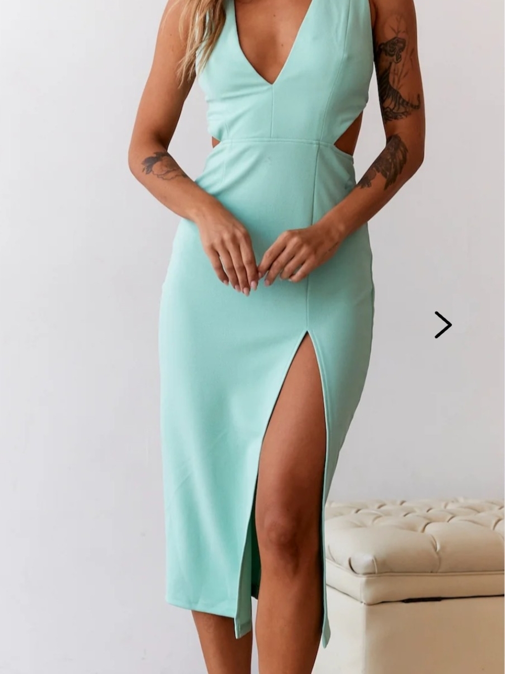 Hello Molly Polaroid Mint Green V-Neck Midi Dress with Thigh Slit